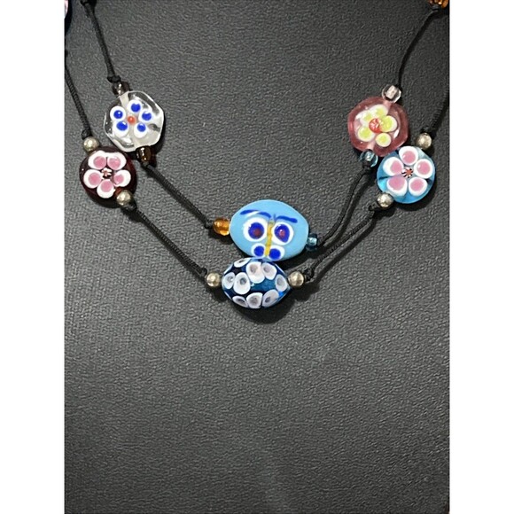 Set Of 2 Vintage Lampwork Art Glass Beaded Necklaces Flowers Butterflies 15” - Picture 2 of 7